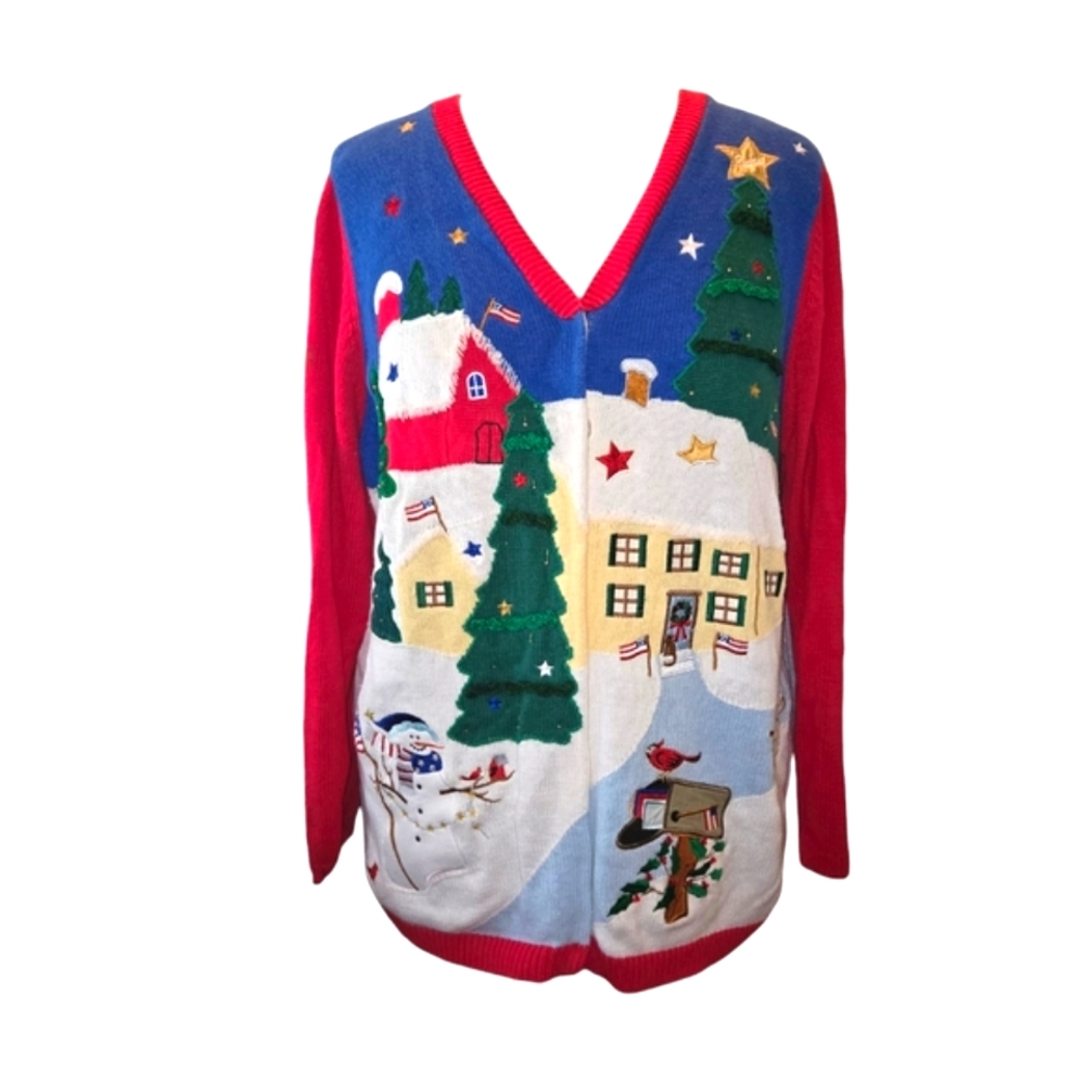 Quacker Factory VTG Blue & Red Front & Back Americana Christmas Cardigan Size 1X